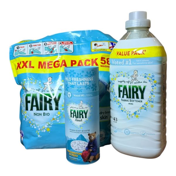 Набір для прання дитячого одягу 1)Капсули для прання дитячої білизни Fairy Non Bio Pods – 58 шт 2)Рідкий ополіскувач/кондиціонер для білизни Fairy Fabric Conditioner/Softener 43 прання 1.413l 3)Парфумований кондиціонер для білизни в гранулах Fairy fresh 176g