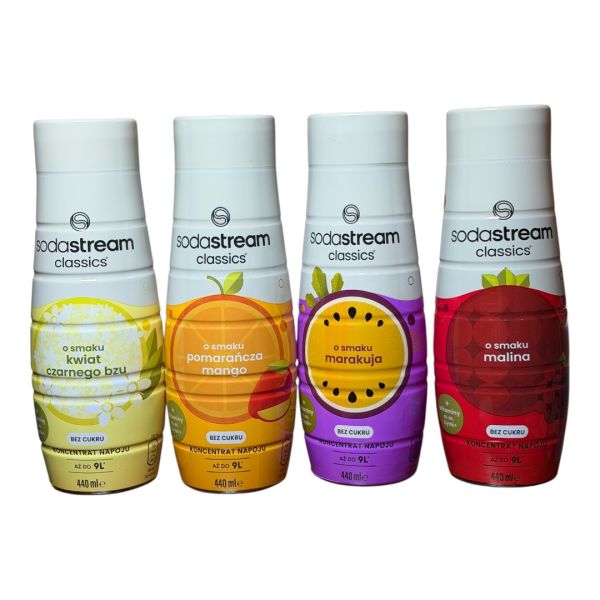 Набір фруктових сиропів Sodastream 4 штуки Malina, marakuja, pomarancza mango, kwiat czarnego bzu 440ml*4